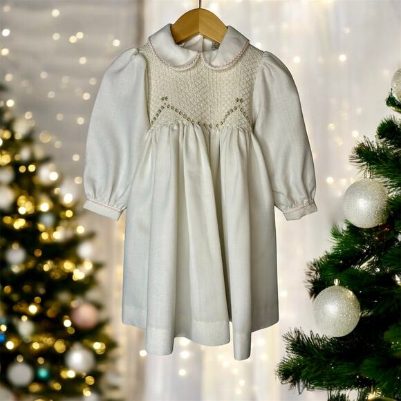 SARAH LOUISE -  Smocked Peter Pan Collar Checked  Dress - Cream main image 1